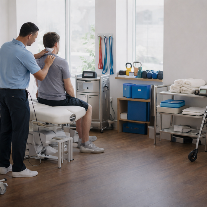 physiotherapy clinic in Canada with treatment table therapy equipment mobility aids rehabilitation supplies