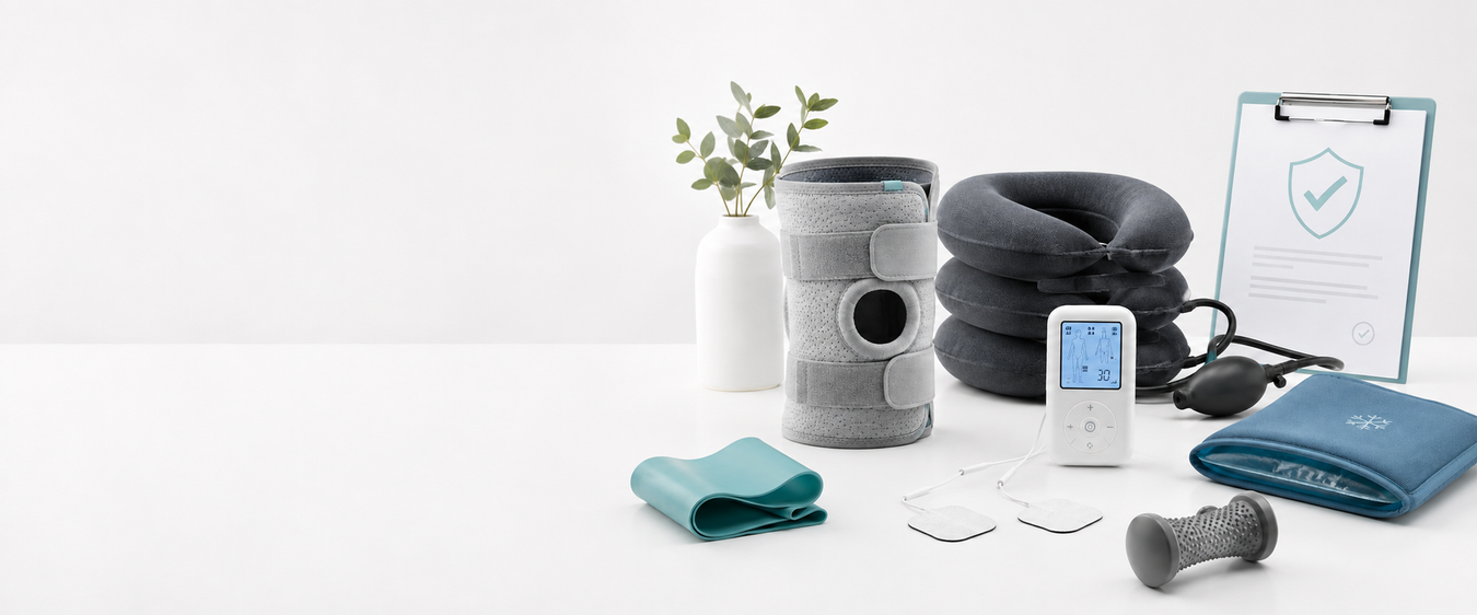 Extended health benefits eligible therapy products in Canada, including orthopedic supports, TENS equipment and cold therapy accessories.