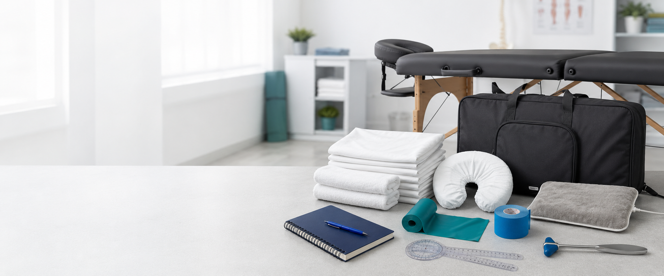 Massage therapy and physiotherapy student supplies in Canada, including a portable table, linens, face-rest covers and training tools.