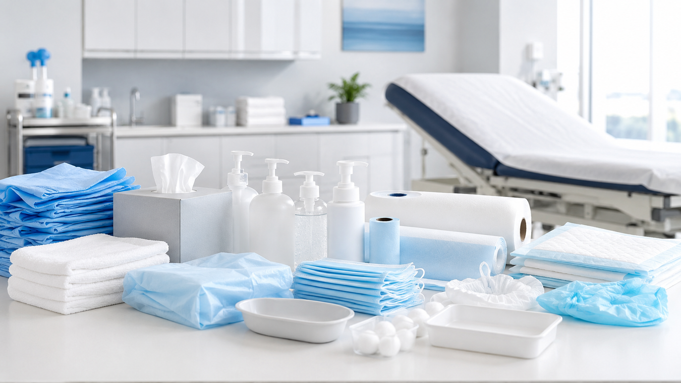 Medical room supplies including exam table paper, disposable gowns, masks, towels, disinfectants and treatment-room essentials in Canada from TherapySupply.ca.