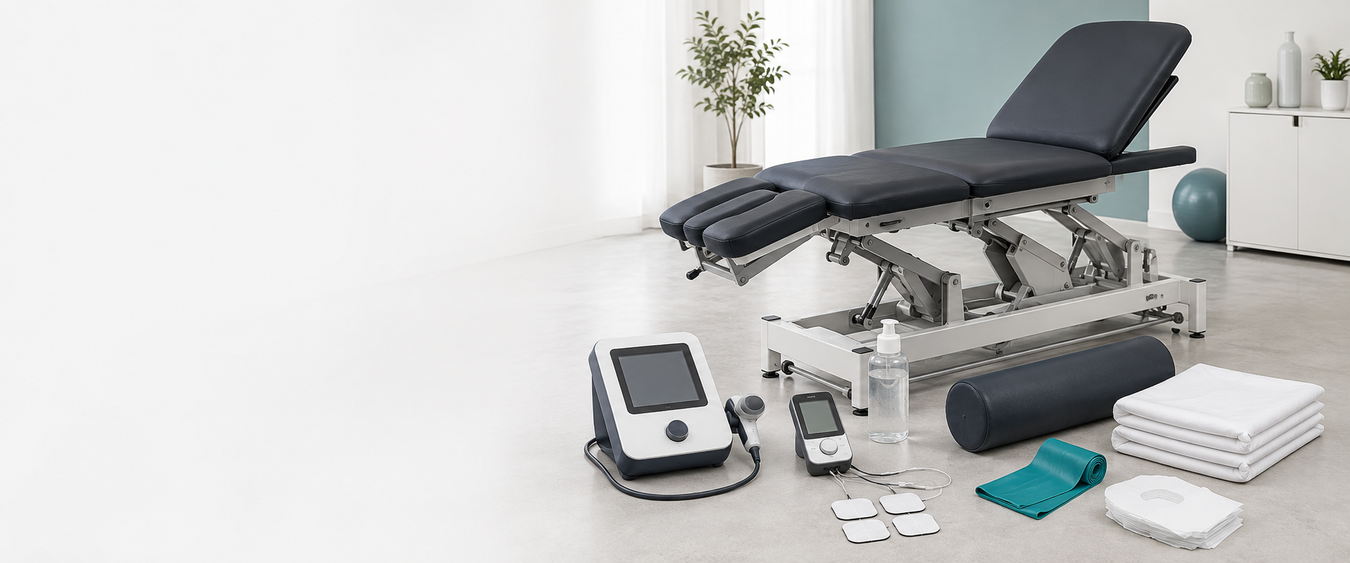 Physiotherapy treatment table, ultrasound, electrotherapy and clinic supplies available across Canada.