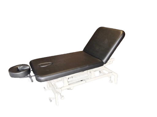 Standalone angled view of the black 2-Section Electric Height Control Facial Massage Treatment Table, showcasing the backrest smoothly elevated for versatile spa and clinical services.
