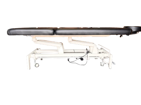 Side profile view of the black 2-section electric height control facial massage treatment table laid fully flat, showcasing its sturdy white steel lifting frame and sleek cushioning.