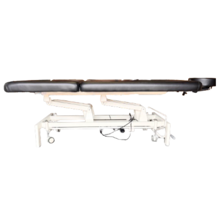 Side profile view of the black 2-section electric height control facial massage treatment table laid fully flat, showcasing its sturdy white steel lifting frame and sleek cushioning.