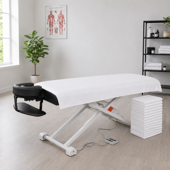 A-Lek Flat Top Electric Massage Table with Flannel flat sheets 10/pk