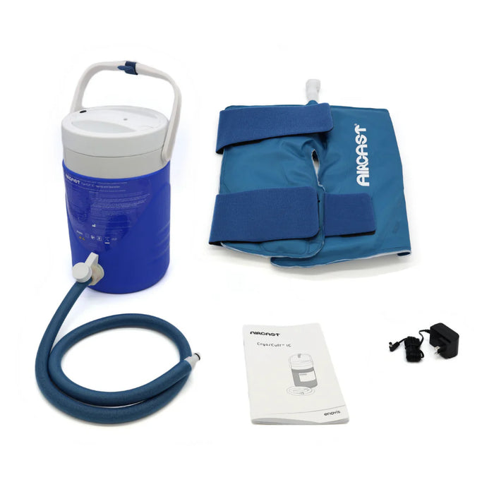 A complete product view of the Large Aircast Knee Cryo/Cuff and IC Cooler combo, including the motorized cooler, knee cuff, and insulated tube assembly.