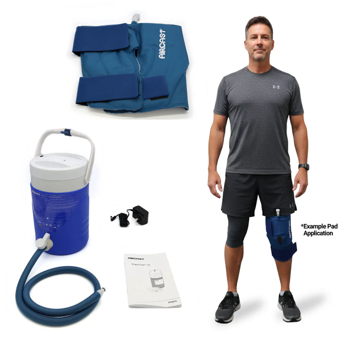 A patient standing with the Large Aircast Knee Cryo/Cuff applied, showcasing the system's stability and clinical effectiveness for sports injuries.