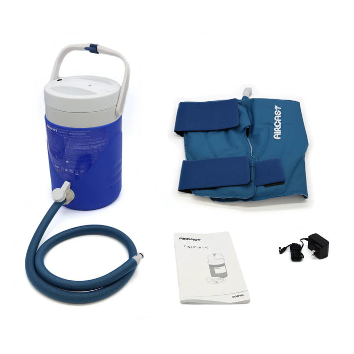 A complete product view of the medium Aircast Knee Cryo/Cuff and IC Cooler combo, including the motorized cooler, knee cuff, and insulated tube assembly.m
