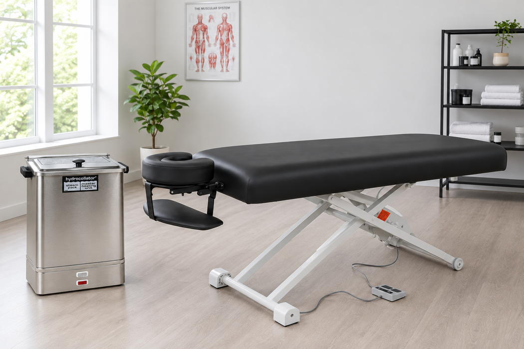 A-Lek Flat Top Electric Massage Table with Hydrocollator E1
