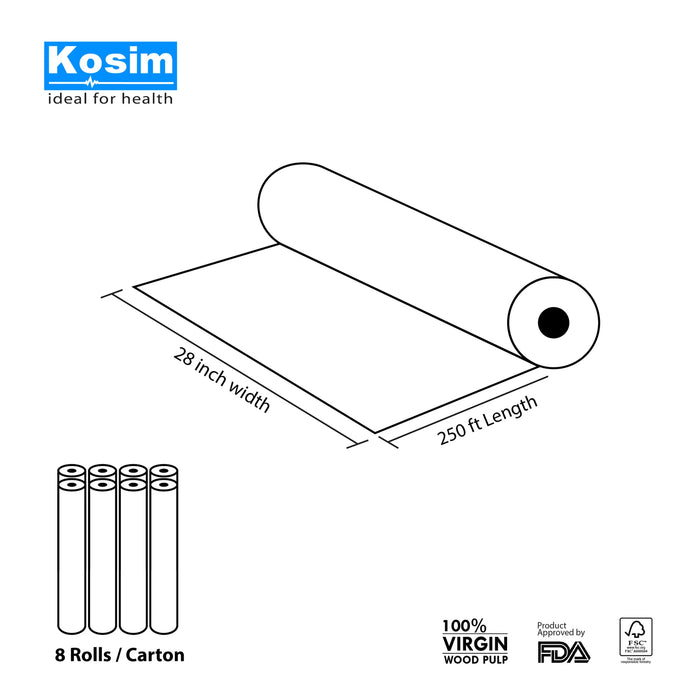 Medical Exam Table Paper Roll 28" x 250 Ft Premium Smooth Paper 8 Rolls/Box