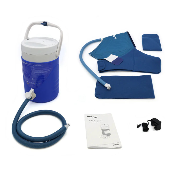 A top-down view of all components in the Universal Aircast Shoulder Cryo/Cuff with IC Cooler kit, including the motorized cooler, shoulder cuff, and tube assembly.