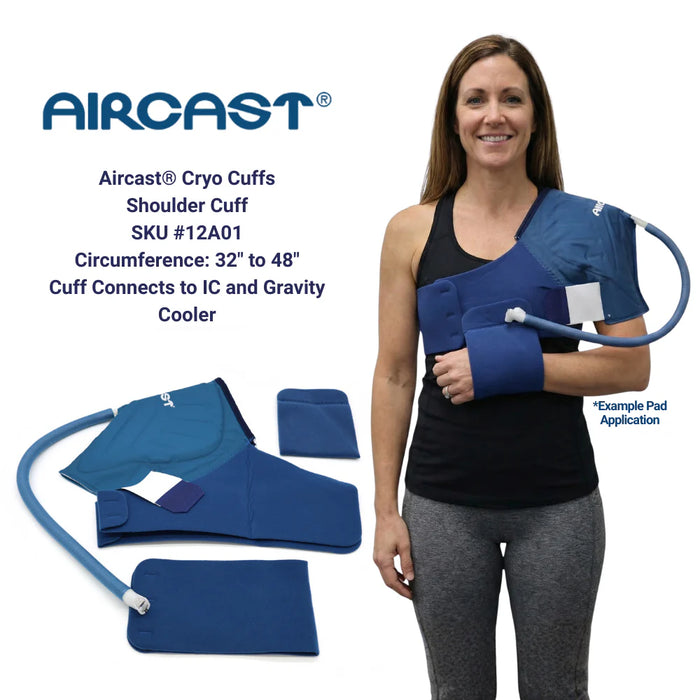 A technical graphic illustrating the Universal Aircast shoulder cuff's design and sizing,