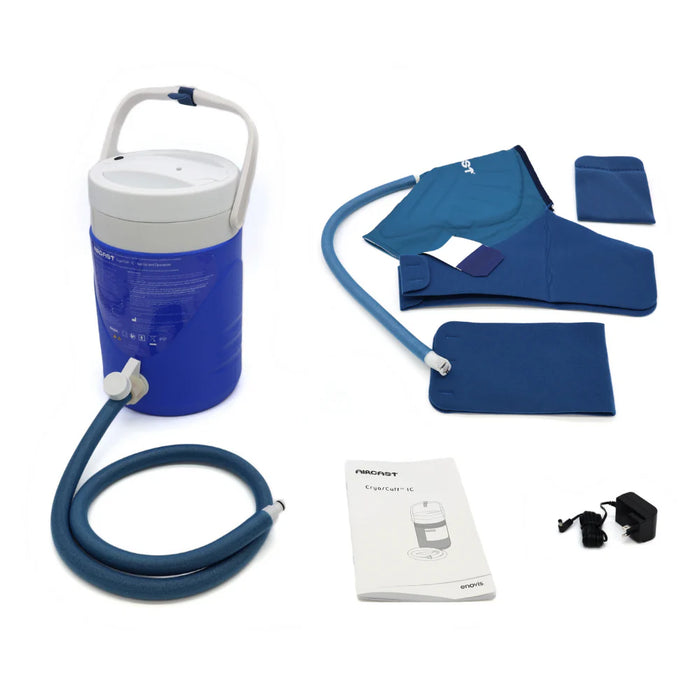 A top-down view of all components in the  Universal with XL Strap Aircast Shoulder Cryo/Cuff with IC Cooler kit, including the motorized cooler, shoulder cuff, and tube assembly.