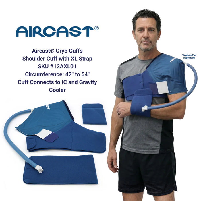 A technical graphic illustrating the  Universal with XL Strap Aircast shoulder cuff's design and sizing, including the option for an XL strap to accommodate larger torso circumferences.