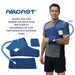 A technical graphic illustrating the  Universal with XL Strap Aircast shoulder cuff's design and sizing, including the option for an XL strap to accommodate larger torso circumferences.
