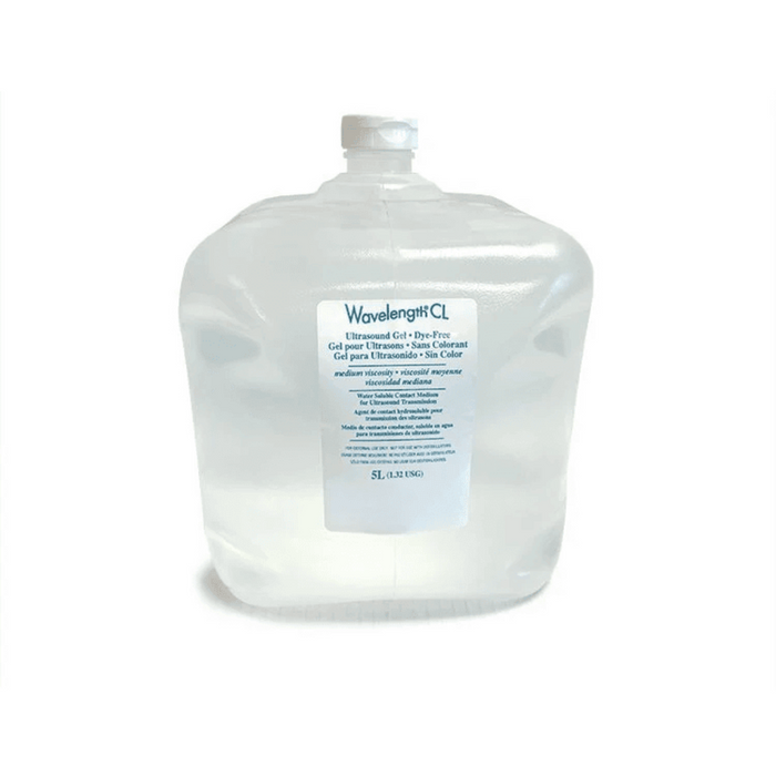 A 5 Litre jug of Wavelength Multi-Purpose Ultrasound Gel, featuring a medium-viscosity blue formula designed for dependable conductivity in therapeutic and diagnostic procedures.