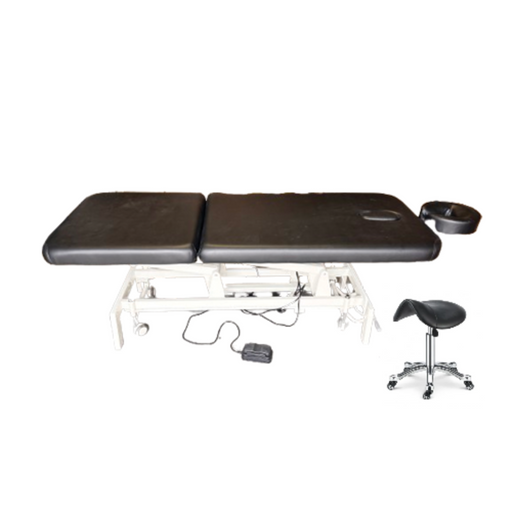 Standalone angled view of the professional A-LEK electric height control massage treatment table laid fully flat, featuring a durable steel frame, foot pedal control, and the included matching black saddle stool.