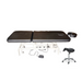 Standalone angled view of the professional A-LEK electric height control massage treatment table laid fully flat, featuring a durable steel frame, foot pedal control, and the included matching black saddle stool.