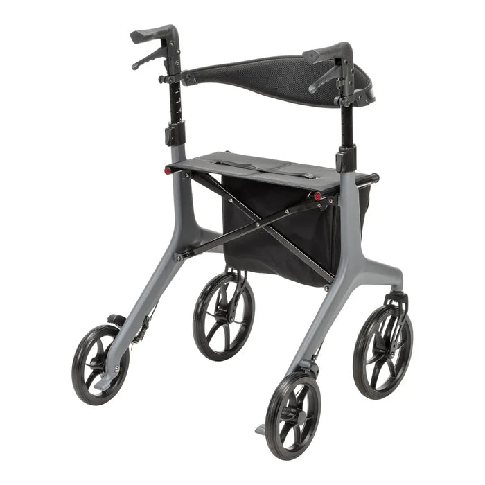 Side angle view of AeroCarbon Ultra-Lite rollator showing mesh backrest seat and carbon fiber frame