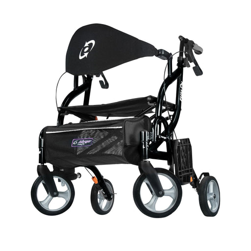 Airgo Fusion F23 side-folding rollator and transport chair in Pearl Black with canopy and storage bag