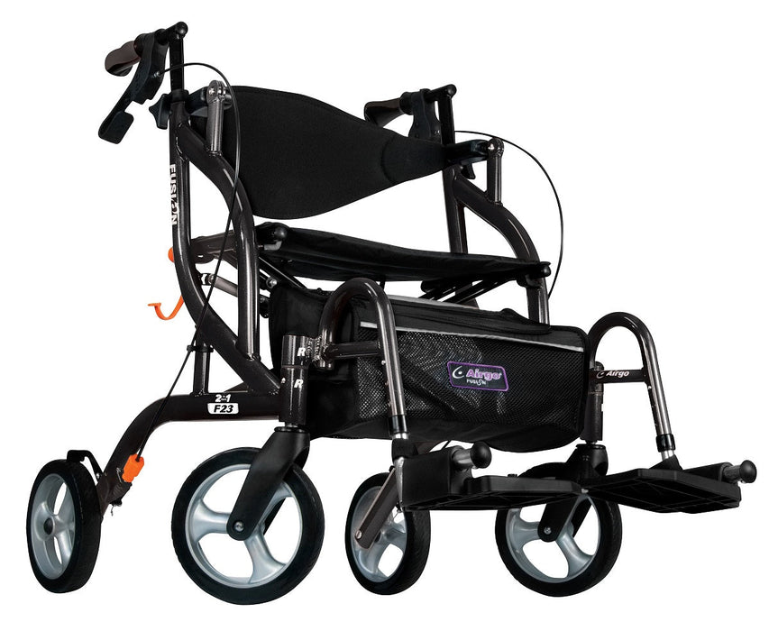 Airgo Fusion F23 rollator converted to transport chair mode with footrests deployed for assisted mobility