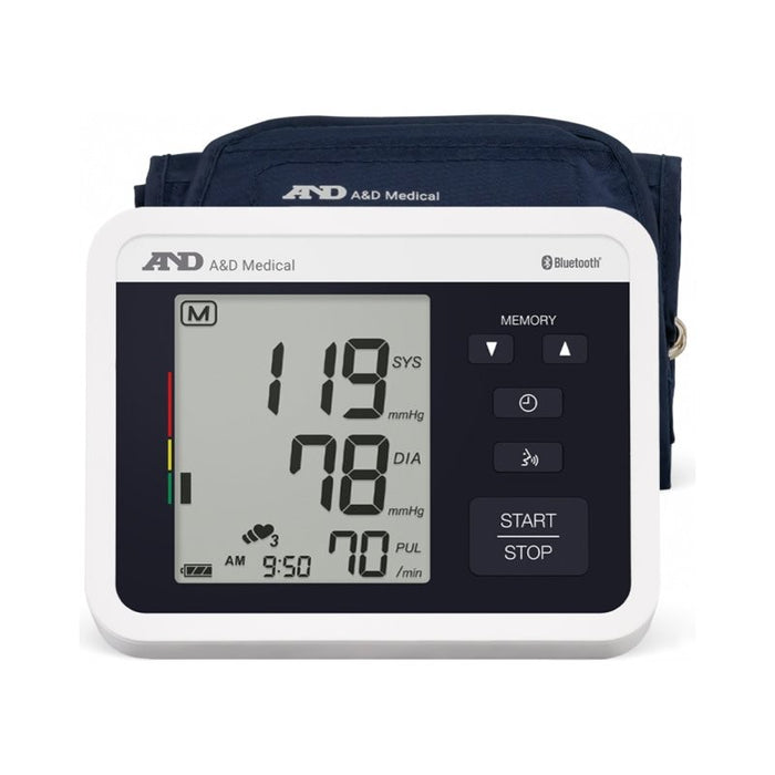 A&D Medical Bluetooth blood pressure monitor with upper arm cuff showing systolic, diastolic and pulse readings on LCD display