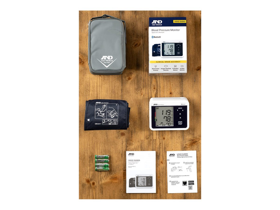 A&D Medical Voice Guided Bluetooth blood pressure monitor with upper arm cuff, batteries, storage case and user manuals