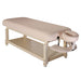 Archer stationary massage table flat package in beige upholstery with face cradle and bottom storage shelf, from Therapy Supply