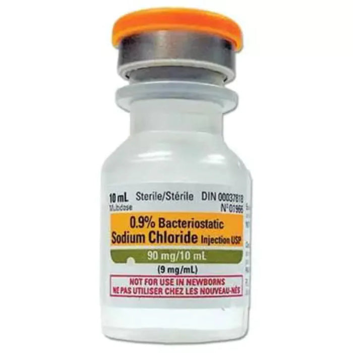 A close-up view of a single 10ml vial of Bacteriostatic Sodium Chloride 0.9%, highlighting the sterile solution labeling and pharmaceutical grade seal.