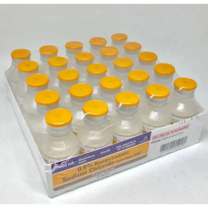 A full profile of the 10ml multi-dose vial of Bacteriostatic Sodium Chloride 0.9%, showing the orange flip-cap and clear glass construction.