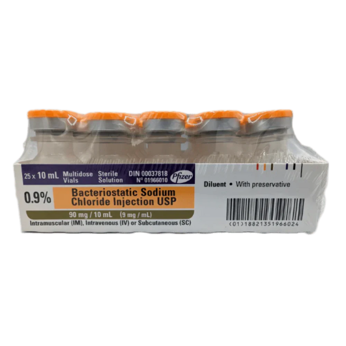 A side-angle view of the 25-count vial tray for Bacteriostatic Sodium Chloride, showcasing the organized and secure clinical packaging.