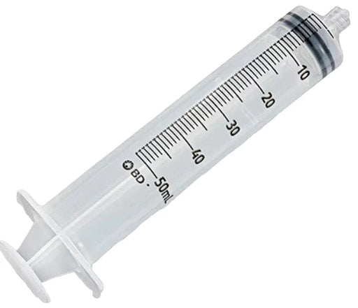 BD 50ml medical syringe with clear barrel and graduated measurement markings, from Therapy Supply