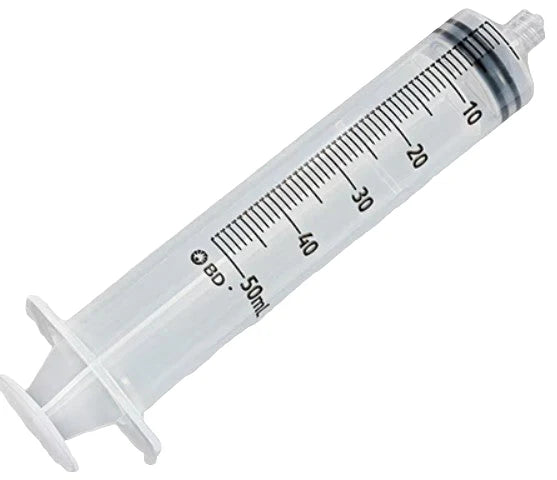 BD 50ml medical syringe with clear barrel and graduated measurement markings, from Therapy Supply
