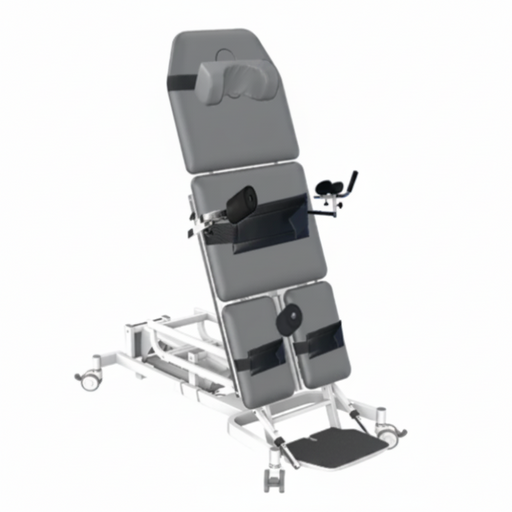 Full angled view of the BF Series Deluxe Electric Tilt Treatment Table in an upright position, featuring a heavy-duty white steel frame, grey PU leather upholstery, and three secure stabilization straps.