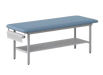 Blue upholstered medical examination treatment table with under-shelf storage and side paper roll holder