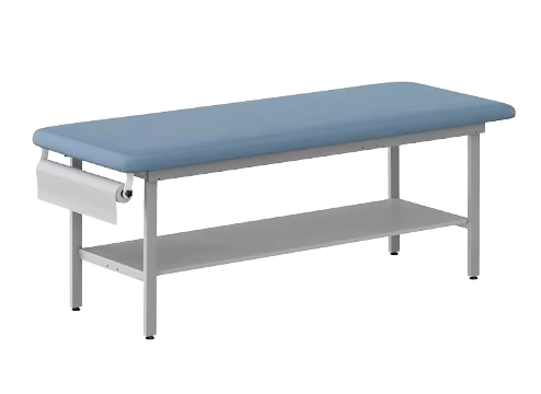 Blue upholstered medical examination treatment table with under-shelf storage and side paper roll holder