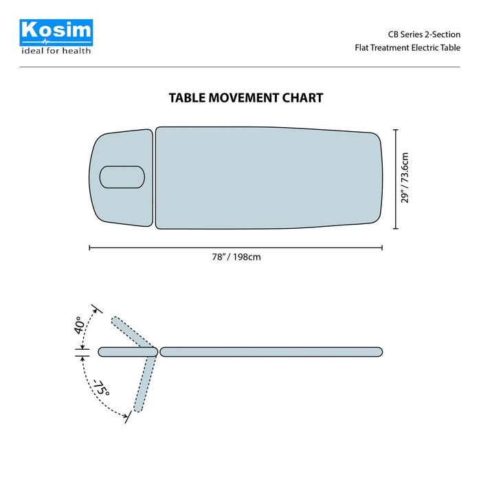CB Series 2-Section Flat Treatment Electric Table movement chart 78 inch 198cm length 29 inch 73.6cm width