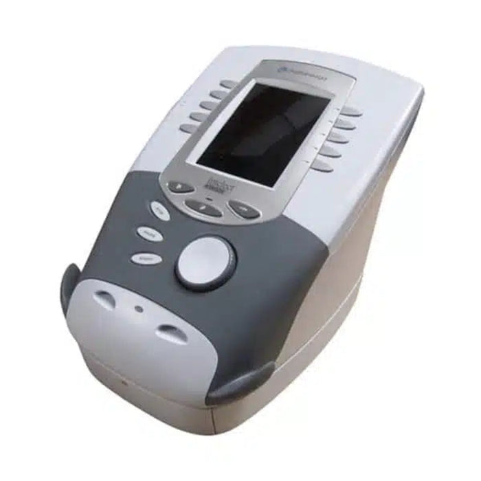 An angled side view of the Intelect Legend XT 2 Channel Electrotherapy console, highlighting its ergonomic design and compact tabletop footprint.