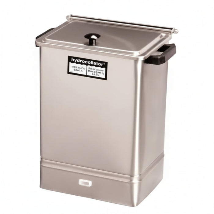 A front profile view of the stainless steel Chattanooga E-1 Hydrocollator unit, showing its compact 16-inch height suitable for desks or worktops.