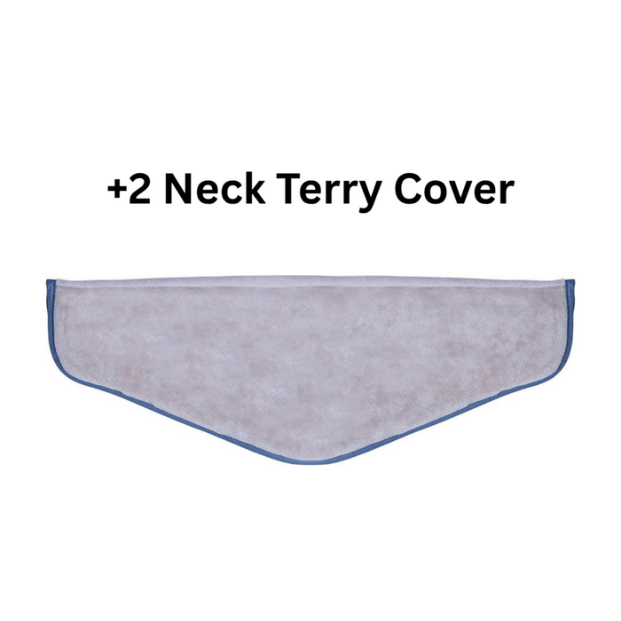 A neck-sized terry cover with blue trim, specifically designed for use with the included cervical Hot Paks.