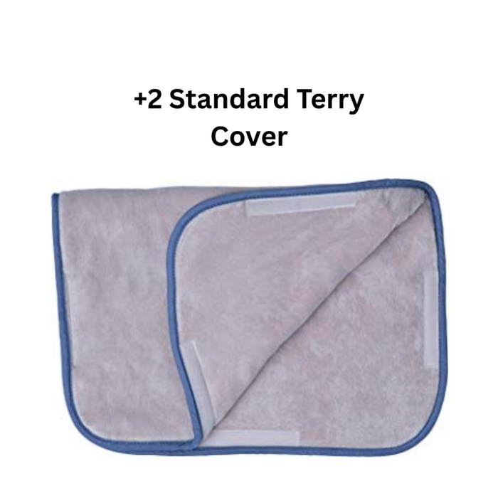 A standard size terry cover with blue trim, used to safely wrap Hot Paks for patient treatment sessions.