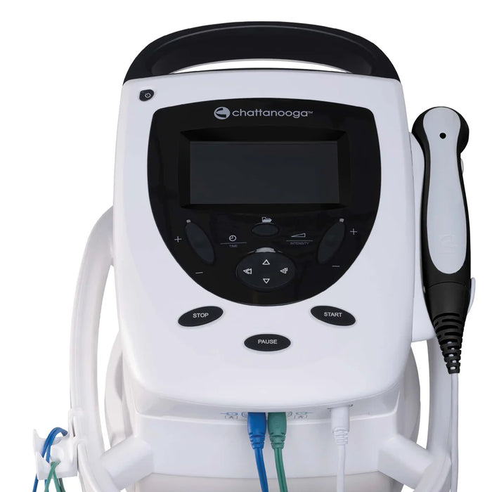 Straight-on front view of the professional Chattanooga Intelect Transport 2 Ultrasound unit, featuring a clear digital interface, control buttons, and the attached applicator probe designed for clinical physical therapy treatments.
