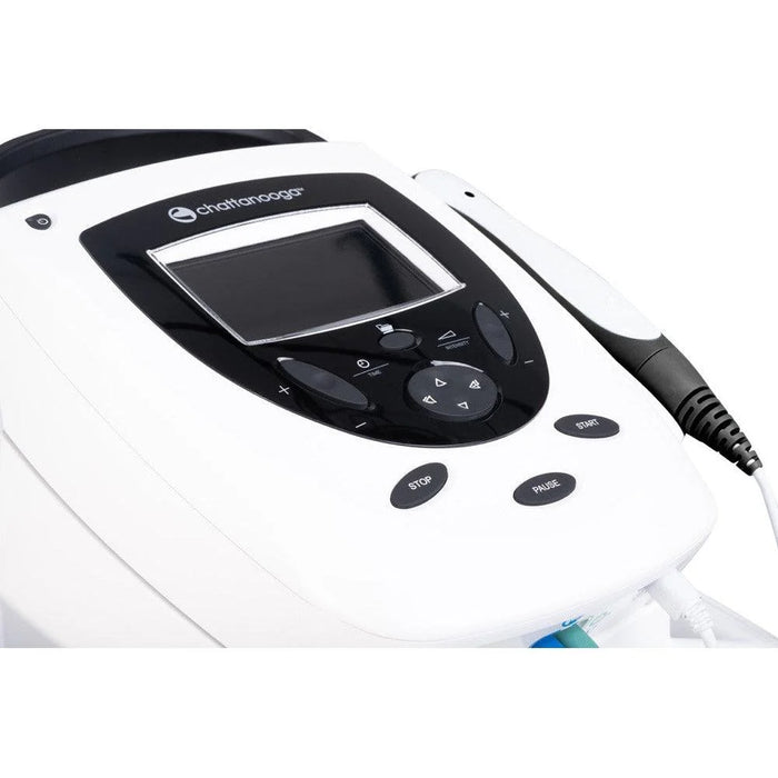 An angled top profile of the ultrasound unit, showcasing its sleek, modern design and integrated applicator cradle.
