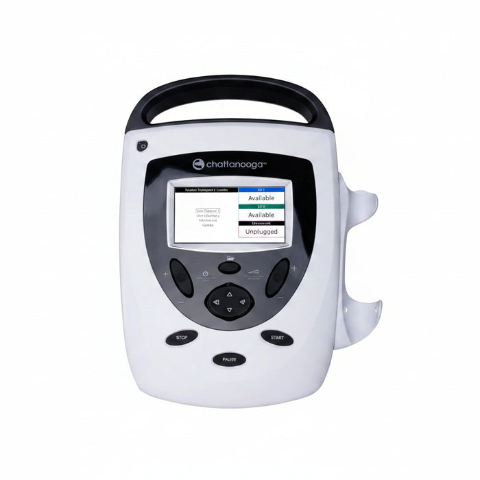 A detailed view of the handheld Intelect Transport 2 Ultrasound device, emphasizing its ergonomic build for therapist comfort during sessions.