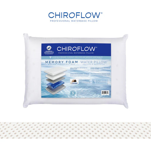 Chiroflow Professional Memory Foam Water Pillow product packaging clinically proven to reduce neck pain and improve sleep quality