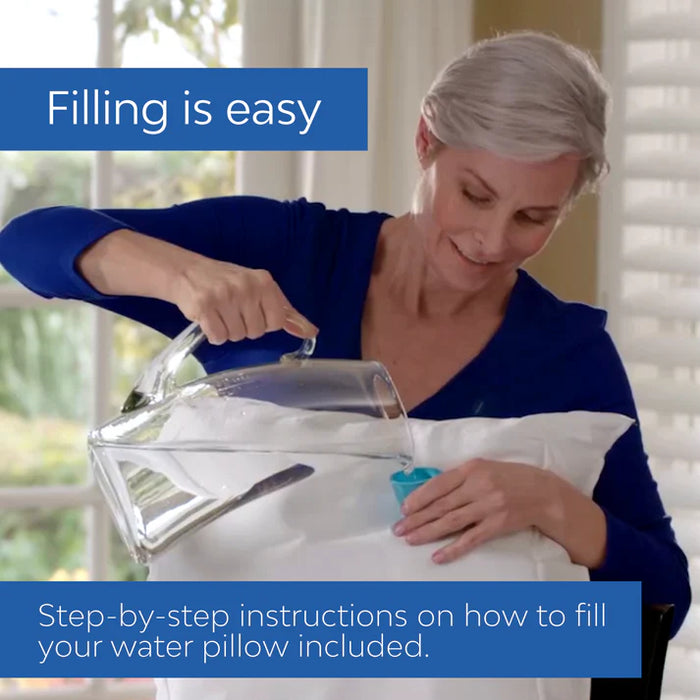 Woman demonstrating how easy it is to fill the Chiroflow Waterbase pillow with water from a pitcher, with step-by-step filling instructions included with the Therapy Supply cervical support pillow