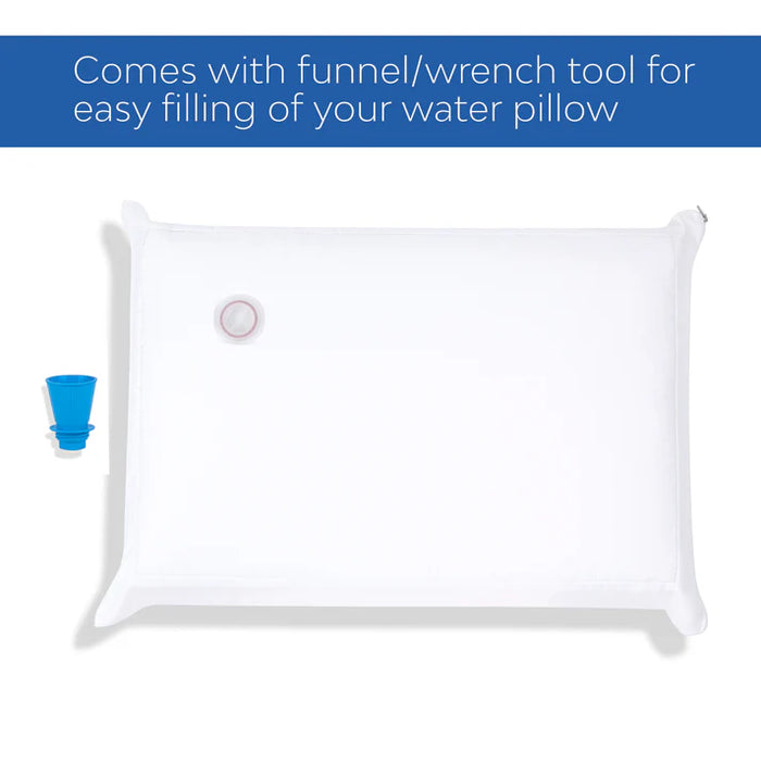 Chiroflow Waterbase pillow shown with included funnel/wrench tool for easy filling of the water chamber, used in cervical support pillows from Therapy Supply