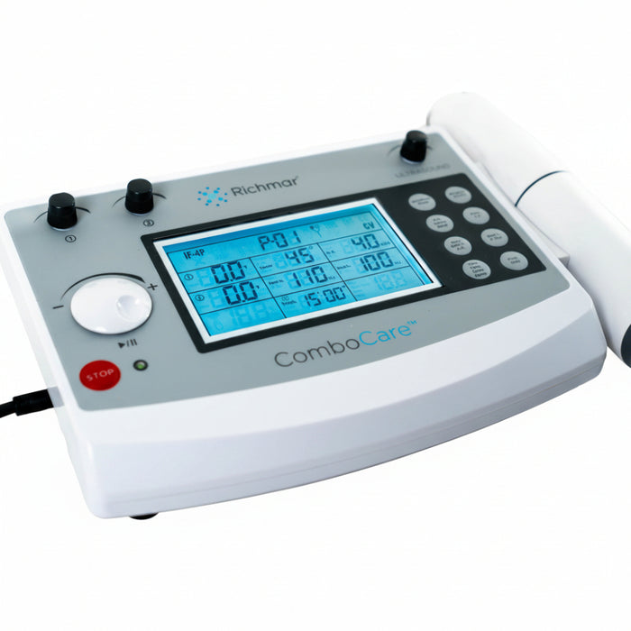 Detailed view of the ComboCare digital interface, featuring a large back-lit display for monitoring treatment parameters and waveforms.