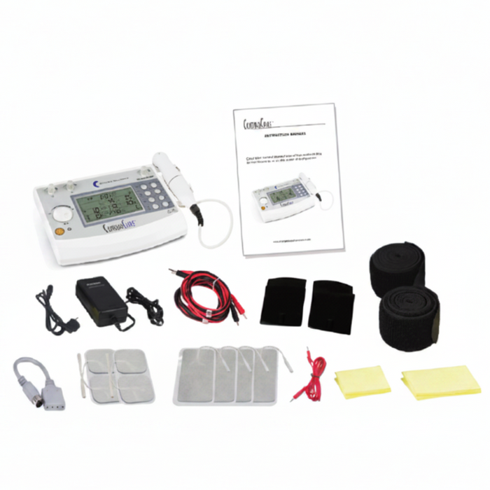 Complete kit layout for the ComboCare professional therapy device, displaying the main unit alongside its dual-frequency ultrasound wand, lead wires, electrode pads, and power supply.