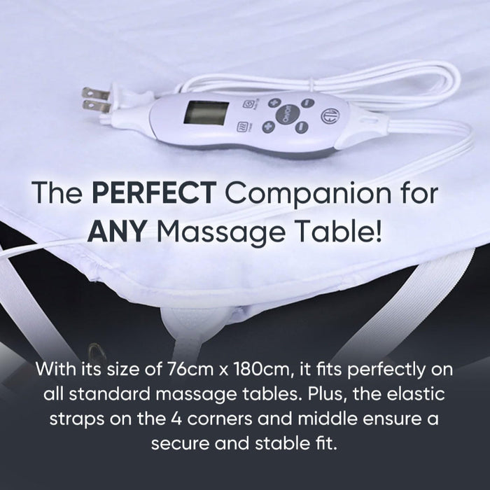 A technical graphic illustrating the heat therapy benefits of the Deluxe digital massage table warmer for client comfort during sessions.